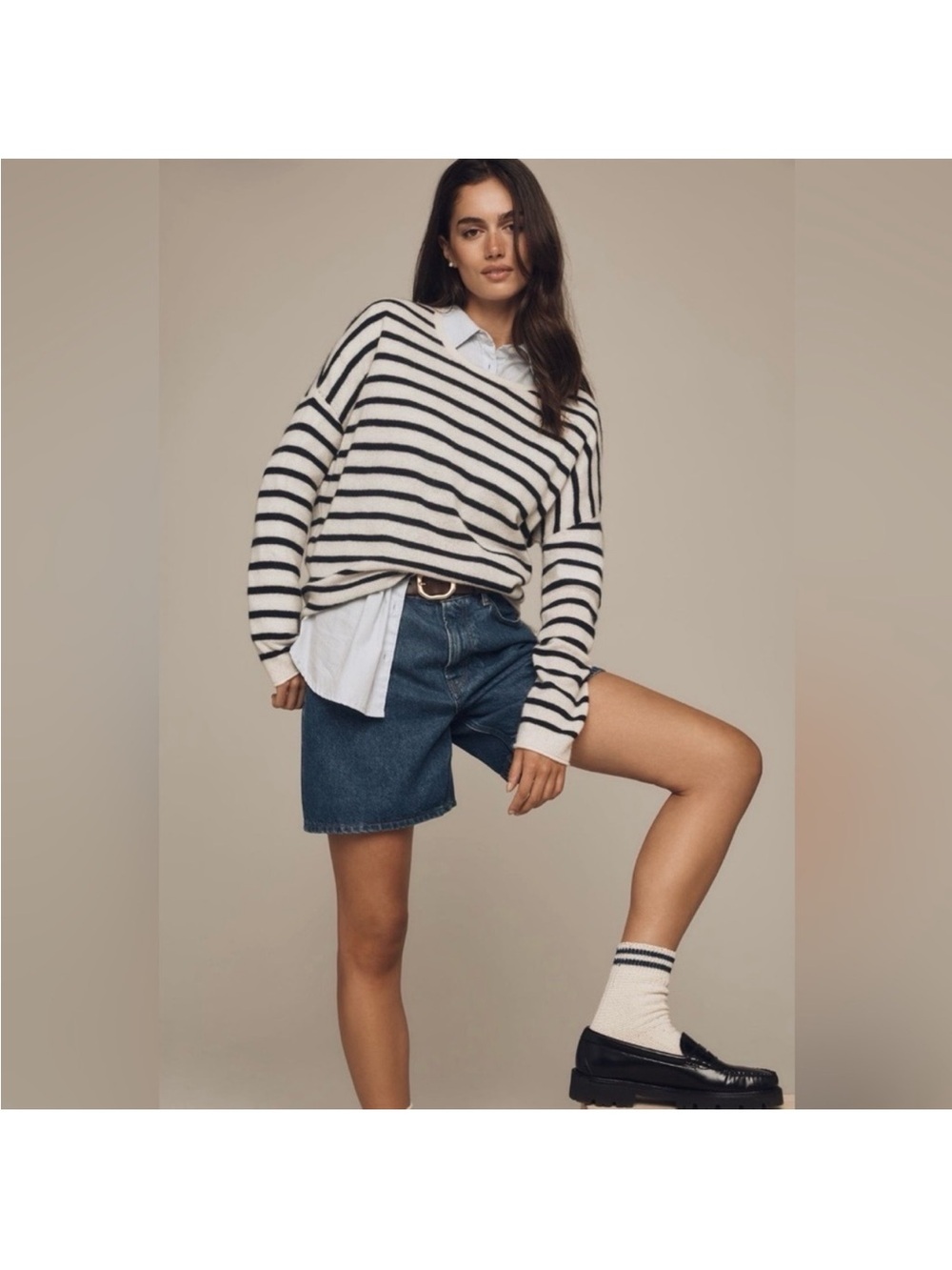Maeve Anthropologie Cashmere Striped Sweater Ivory Navy Blue Crew Neck Medium